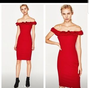 Zara  red ruffle off the shoulder dress